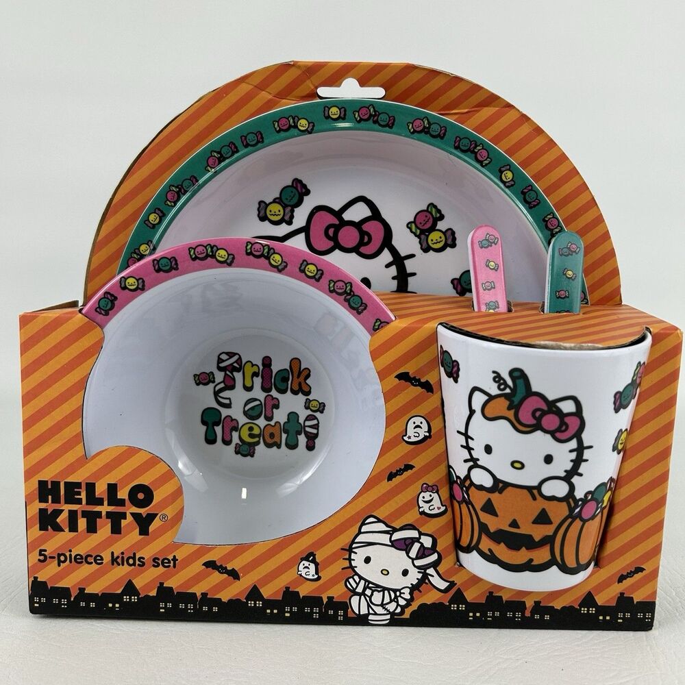 Hello Kitty Halloween Kids Dinnerware Set Sanrio Trick Treat Pumpkin Plate Bowl
